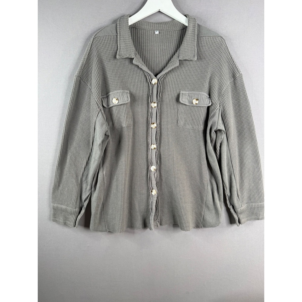Oversized Waffle Knit Button Up Top Womens XL Gray Long Sleeve Chunky Grunge